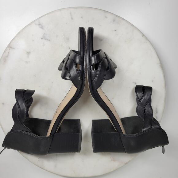 VTG Via Spiga Janel Heels Womens 7 Black Leather Chunky Twisted Strap Block Heel - Picture 14 of 16